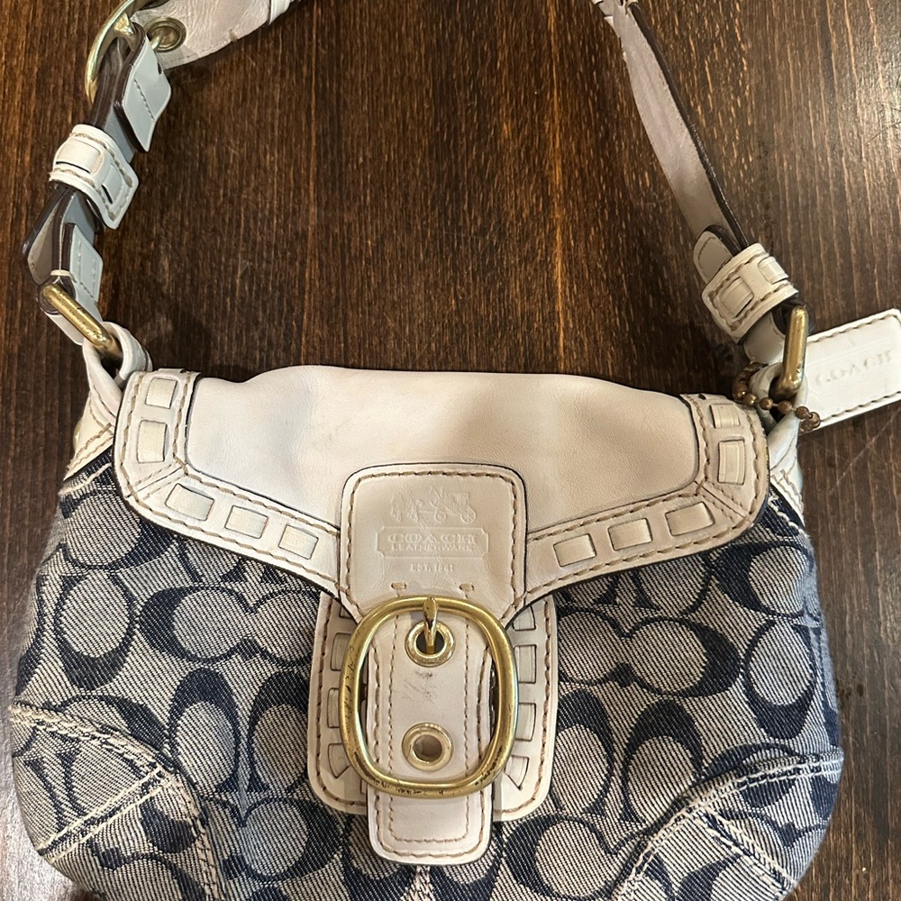 Coach Cream and Blue Signature Shoulder Bag